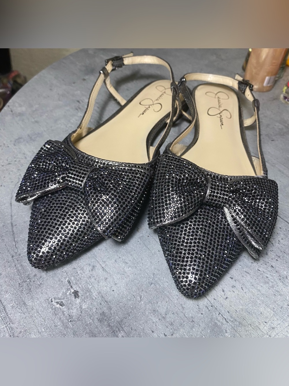 Jessica Simpson Black Crystal Bow Pointed Slingback Flats